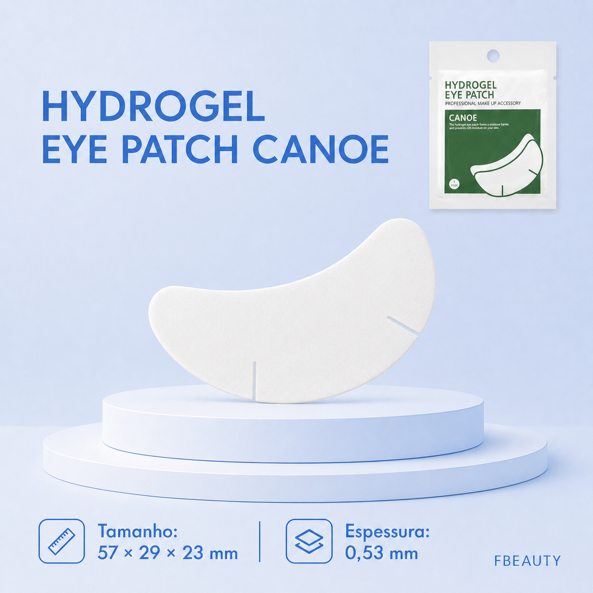 Eyepads Hydrogel Canoe Neicha — medidas 57 × 29 × 23 mm e espessura 0,53 mm