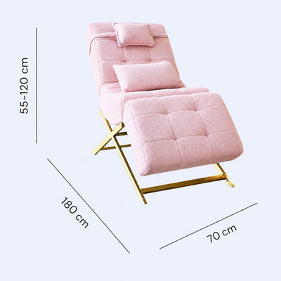 Lash Bed FB Comfy Teddy Pink com medidas 180 por 70 cm e encosto regulável de 55 a 120 cm