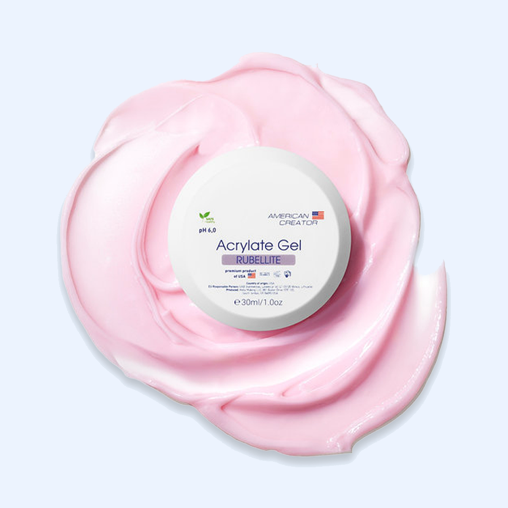 Acrylate Gel Rubellite American Creator 30ml com amostra de gel rosa bebe palido