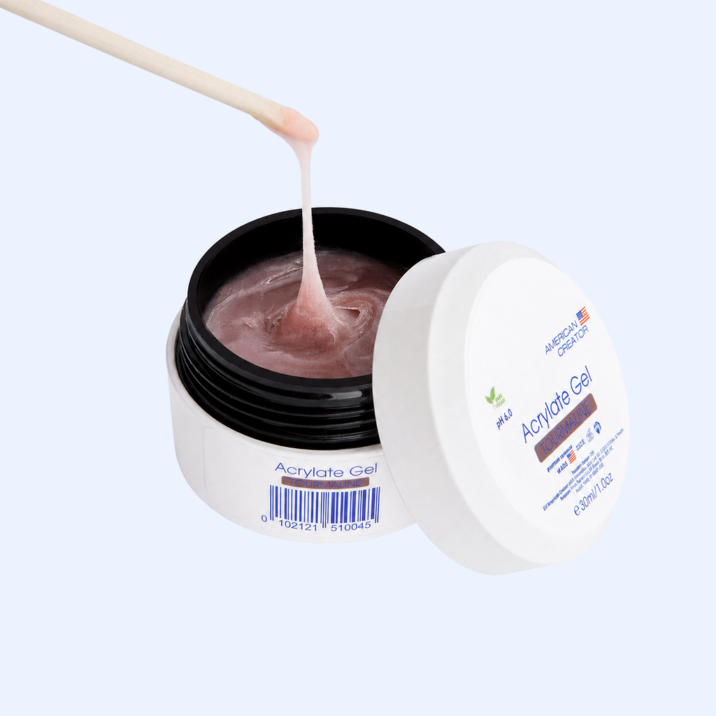 Boiao aberto Acrylate Gel Tourmaline American Creator 30ml com gel rosa amendoa acastanhado