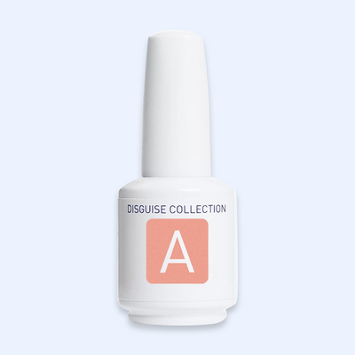 American Creator Color Gel Disguise Collection A em frasco branco com amostra da tonalidade sobre fundo azul-claro