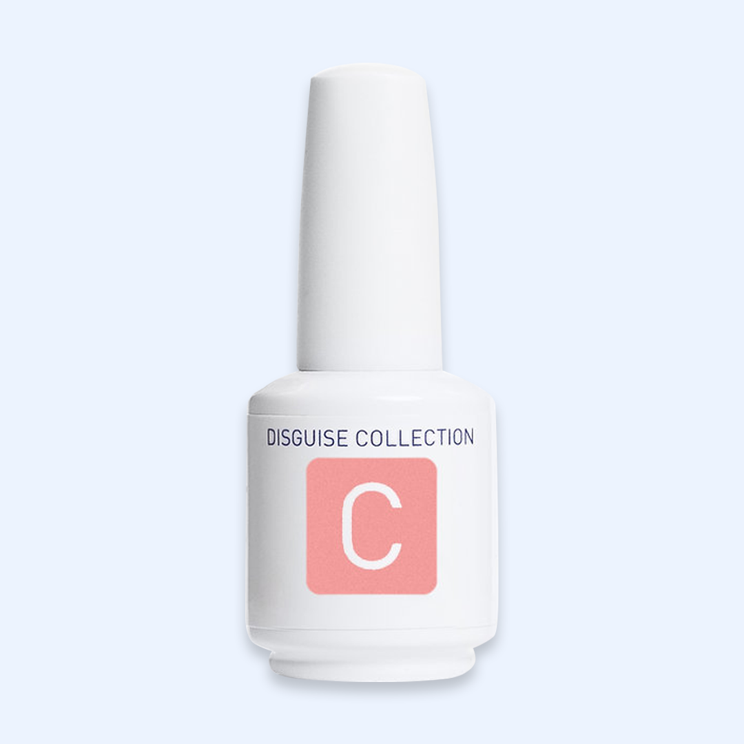 American Creator Color Gel Disguise Collection C em frasco branco com amostra da tonalidade sobre fundo azul-claro