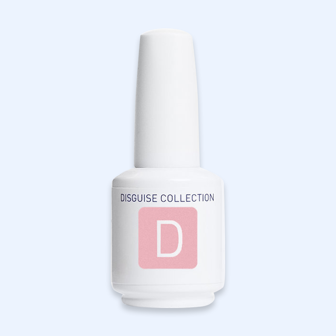 American Creator Color Gel Disguise Collection D em frasco branco com amostra da tonalidade sobre fundo azul-claro