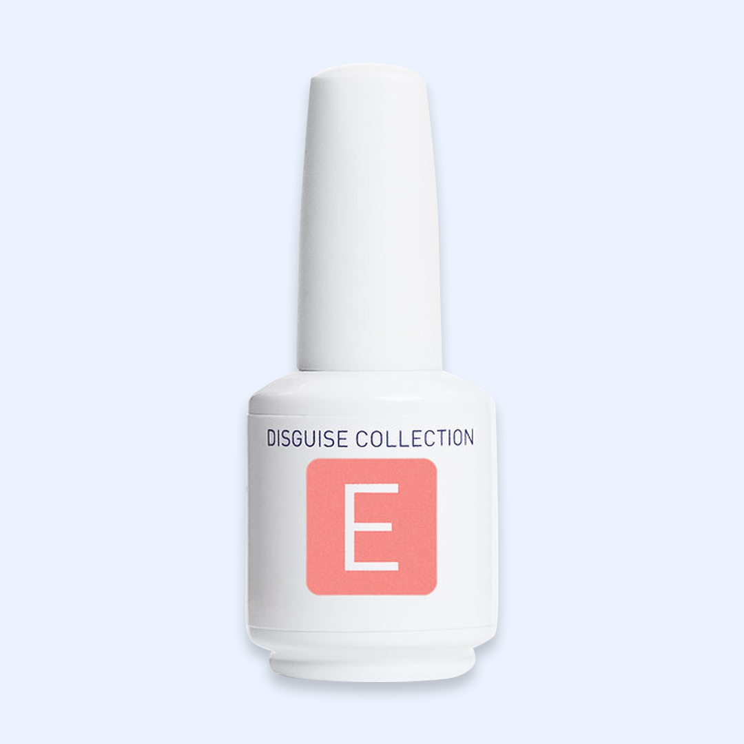 American Creator Color Gel Disguise Collection E em frasco branco com amostra da tonalidade sobre fundo azul-claro