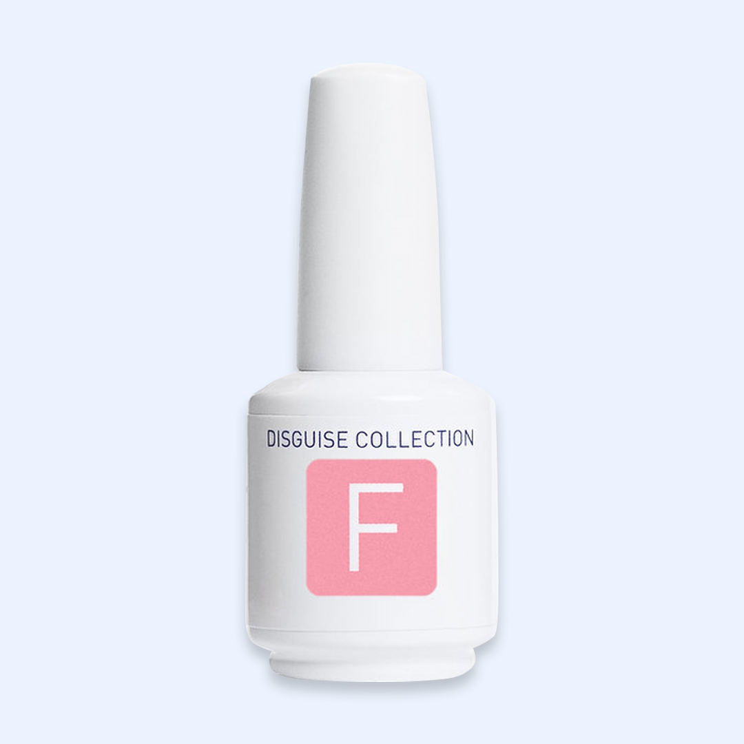 American Creator Color Gel Disguise Collection F em frasco branco com amostra da tonalidade sobre fundo azul-claro