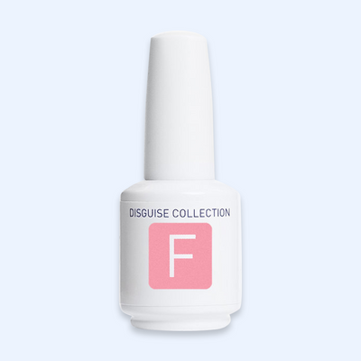American Creator Color Gel Disguise Collection F em frasco branco com amostra da tonalidade sobre fundo azul-claro