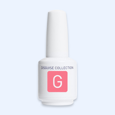 American Creator Color Gel Disguise Collection G em frasco branco com amostra da tonalidade sobre fundo azul-claro
