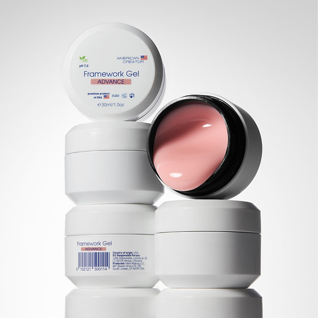 American Creator Framework Gel Advance 30 ml em composição com boiões abertos e fechados