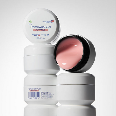 American Creator Framework Gel Advance 30 ml em composição com boiões abertos e fechados