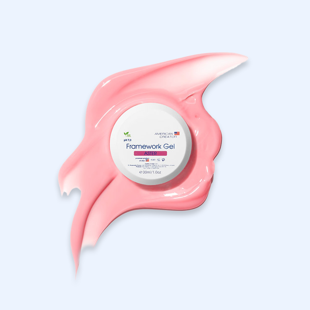 American Creator Framework Gel Aster 30 ml com boião e amostra da tonalidade sobre fundo azul-claro