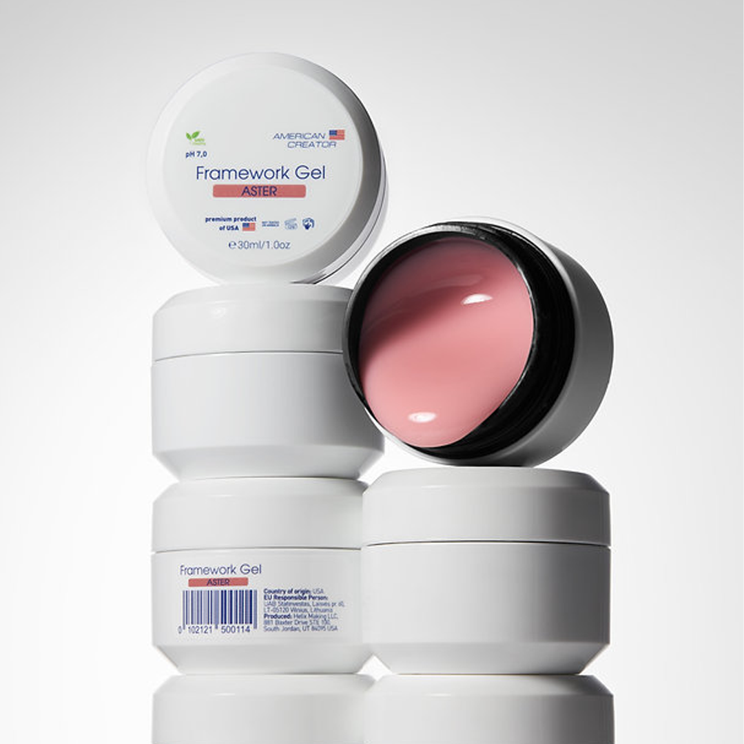 American Creator Framework Gel Aster 30 ml em composição com boiões abertos e fechados