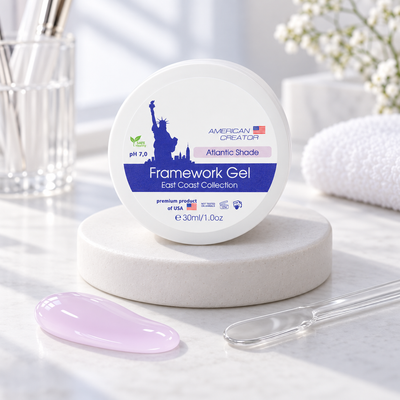 American Creator Framework Gel Atlantic Shade 30 ml com amostra da cor em ambiente profissional de manicure
