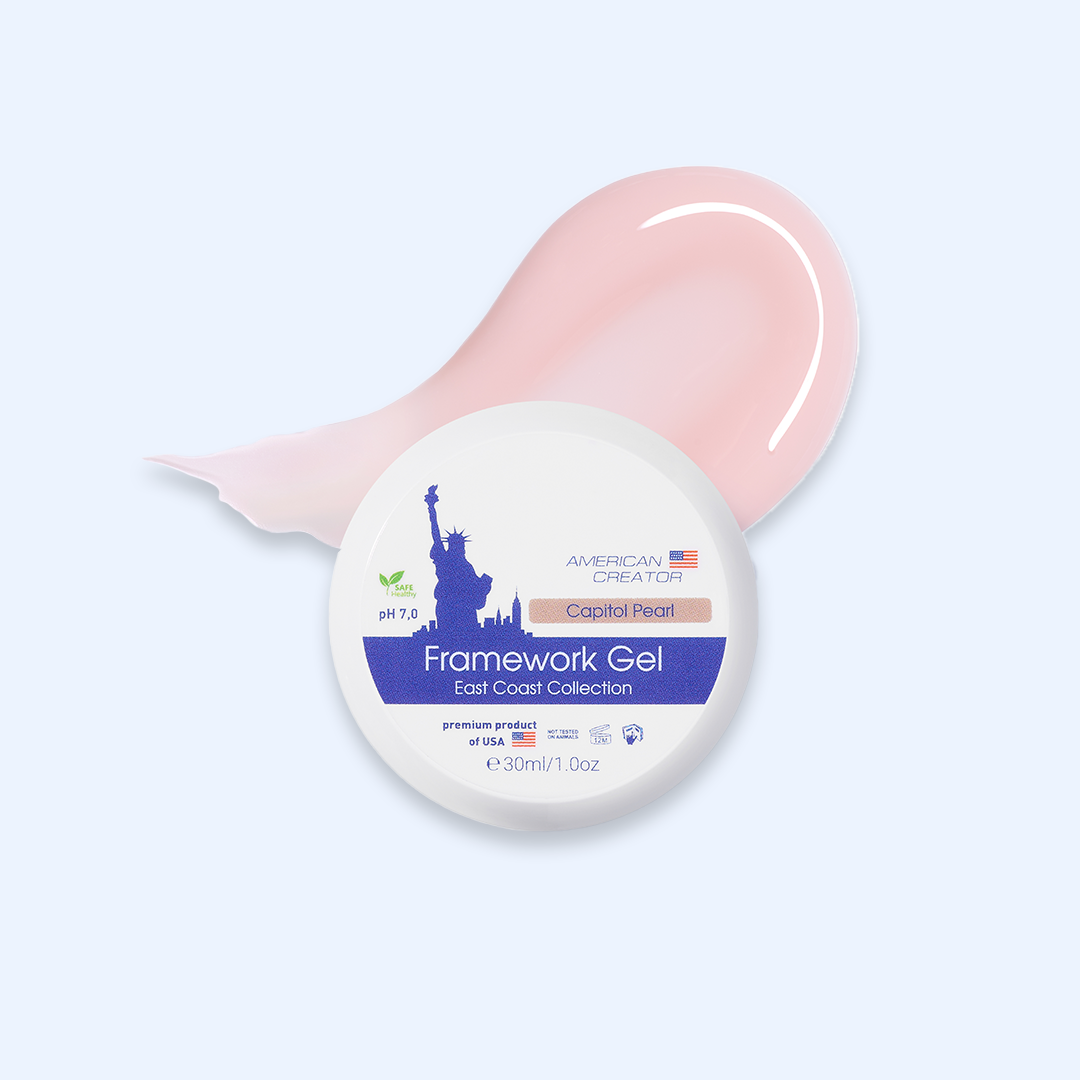 American Creator Framework Gel Capitol Pearl 30 ml com amostra rosa-pêssego perolado sobre fundo azul-claro
