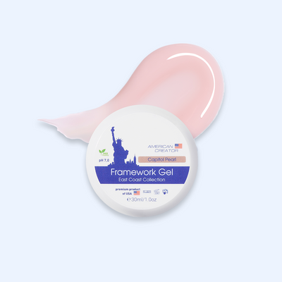American Creator Framework Gel Capitol Pearl 30 ml com amostra rosa-pêssego perolado sobre fundo azul-claro