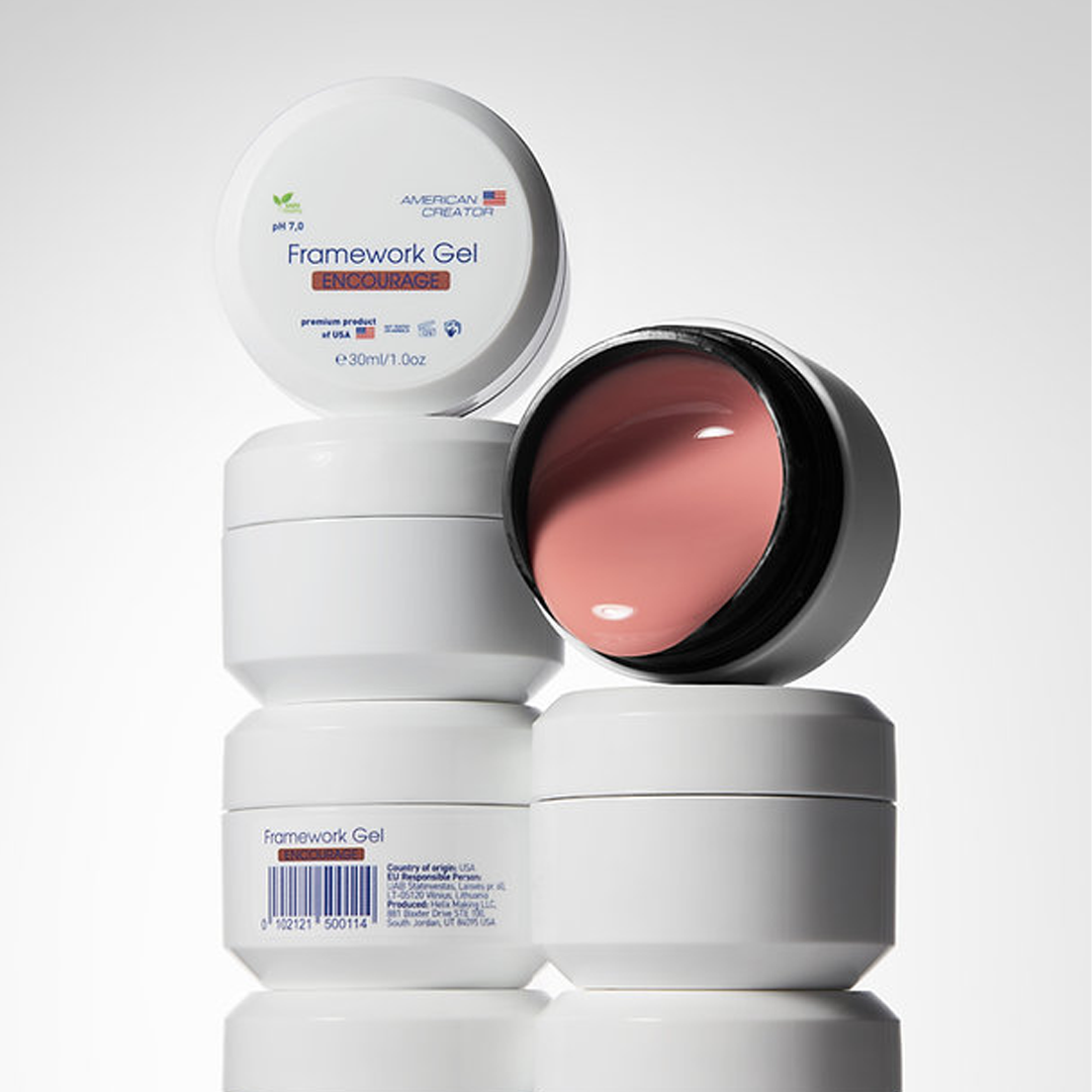 American Creator Framework Gel Encourage 30 ml em composição com boiões abertos e fechados