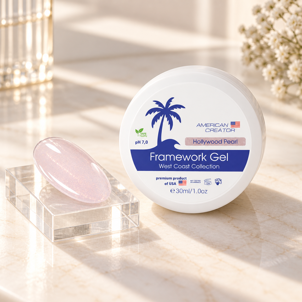 American Creator Framework Gel Hollywood Pearl 30 ml com amostra da cor em ambiente profissional de manicure
