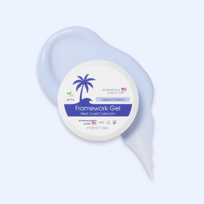 American Creator Framework Gel Laguna Dream 30 ml com amostra azul pervinca suave sobre fundo azul-claro