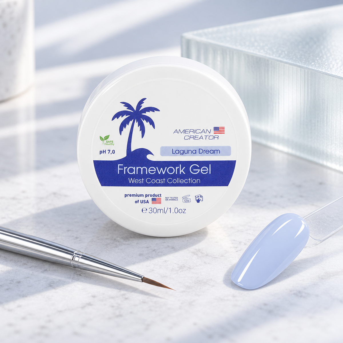 American Creator Framework Gel Laguna Dream 30 ml com amostra da cor em ambiente profissional de manicure