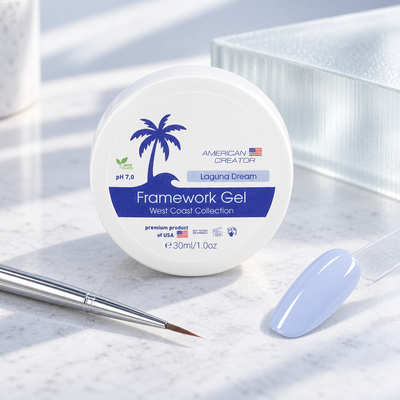 American Creator Framework Gel Laguna Dream 30 ml com amostra da cor em ambiente profissional de manicure
