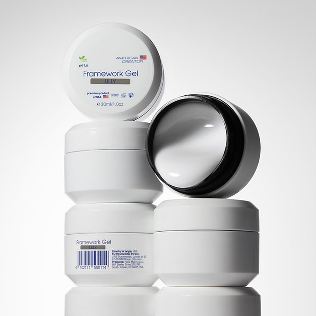 American Creator Framework Gel Lilly 30 ml em composição com boiões abertos e fechados