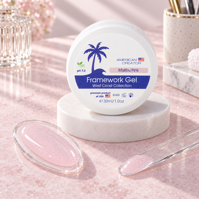 American Creator Framework Gel Malibu Pink 30 ml com amostra da cor em ambiente profissional de manicure