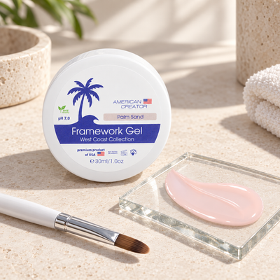American Creator Framework Gel Palm Sand 30 ml com amostra da cor em ambiente profissional de manicure