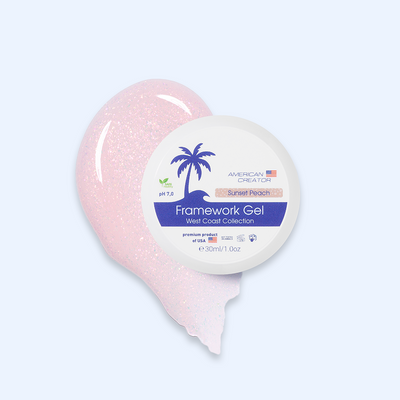 American Creator Framework Gel Sunset Peach 30 ml com amostra pêssego rosado com flocos iridescentes sobre fundo azul-claro