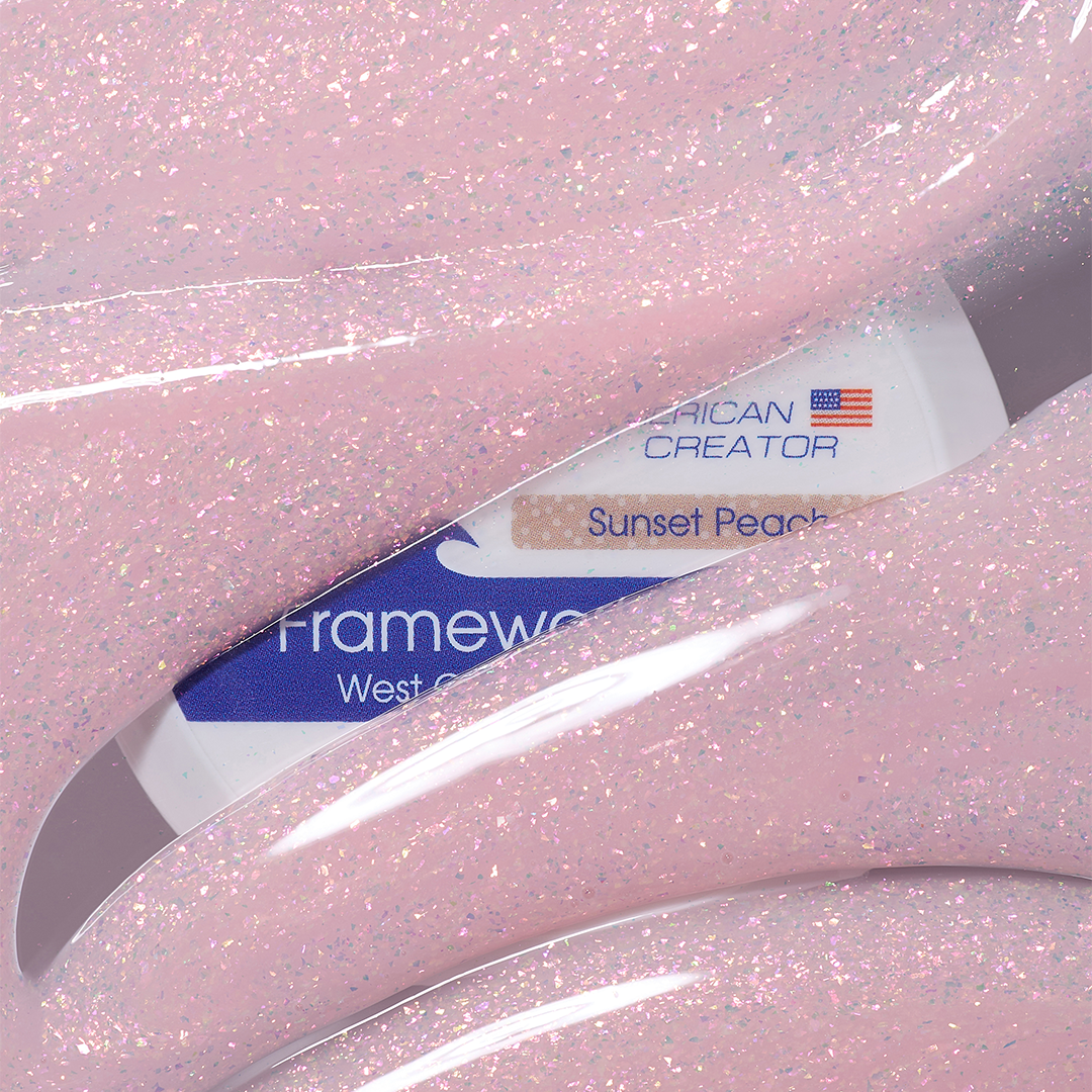 Textura pêssego rosado com flocos iridescentes do American Creator Framework Gel Sunset Peach 30 ml