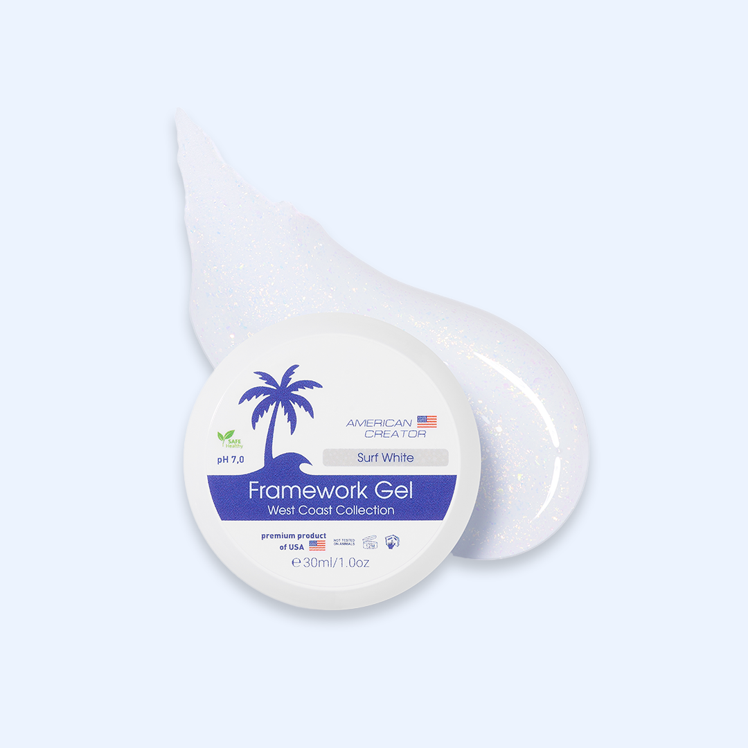 American Creator Framework Gel Surf White 30 ml com amostra branco leitoso com flocos iridescentes sobre fundo azul-claro