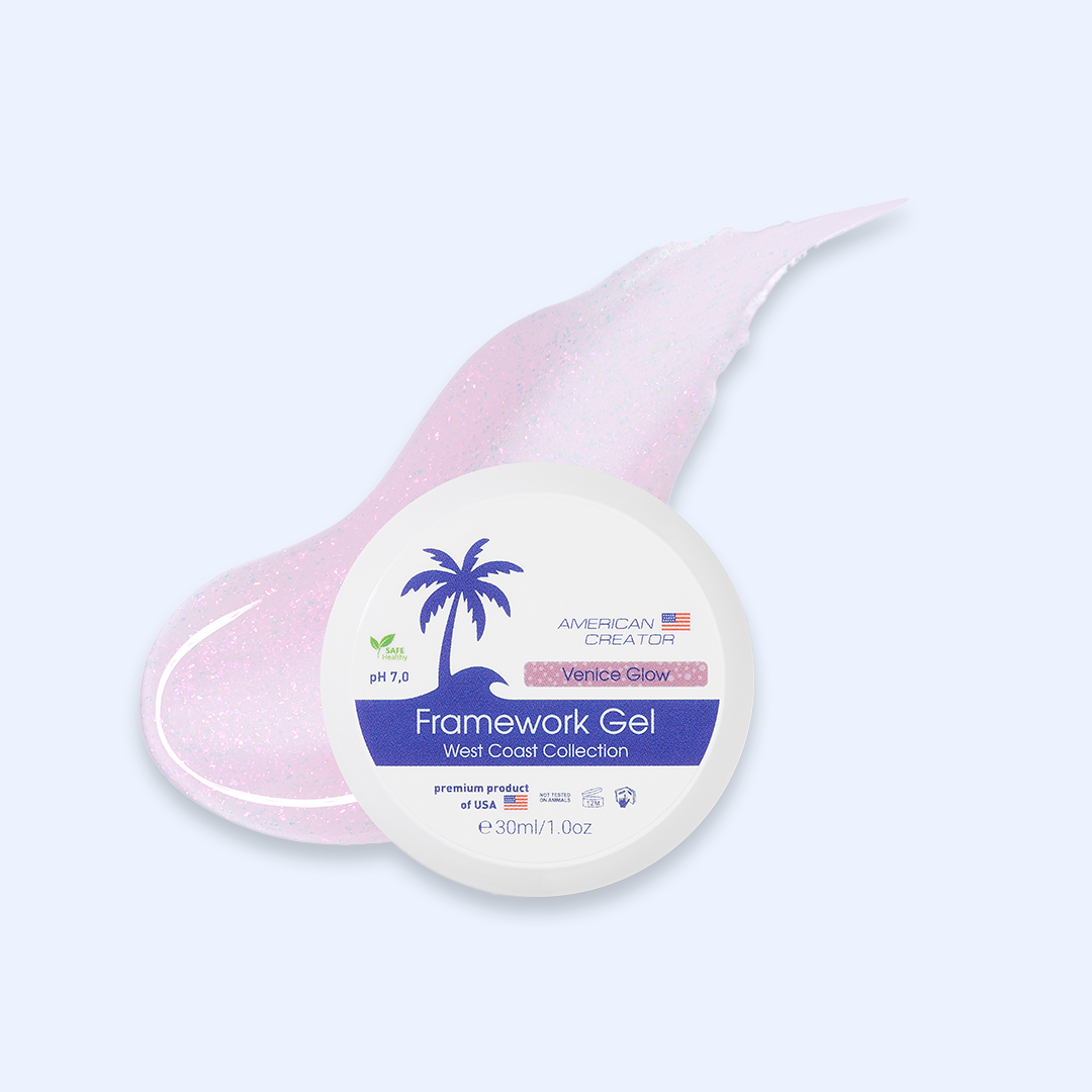 American Creator Framework Gel Venice Glow 30 ml com amostra rosa lilás com flocos iridescentes sobre fundo azul-claro