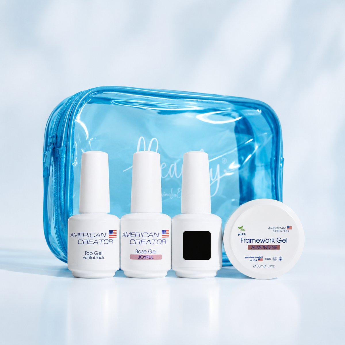 Kit Absolute Black American Creator com os quatro produtos e bolsa azul