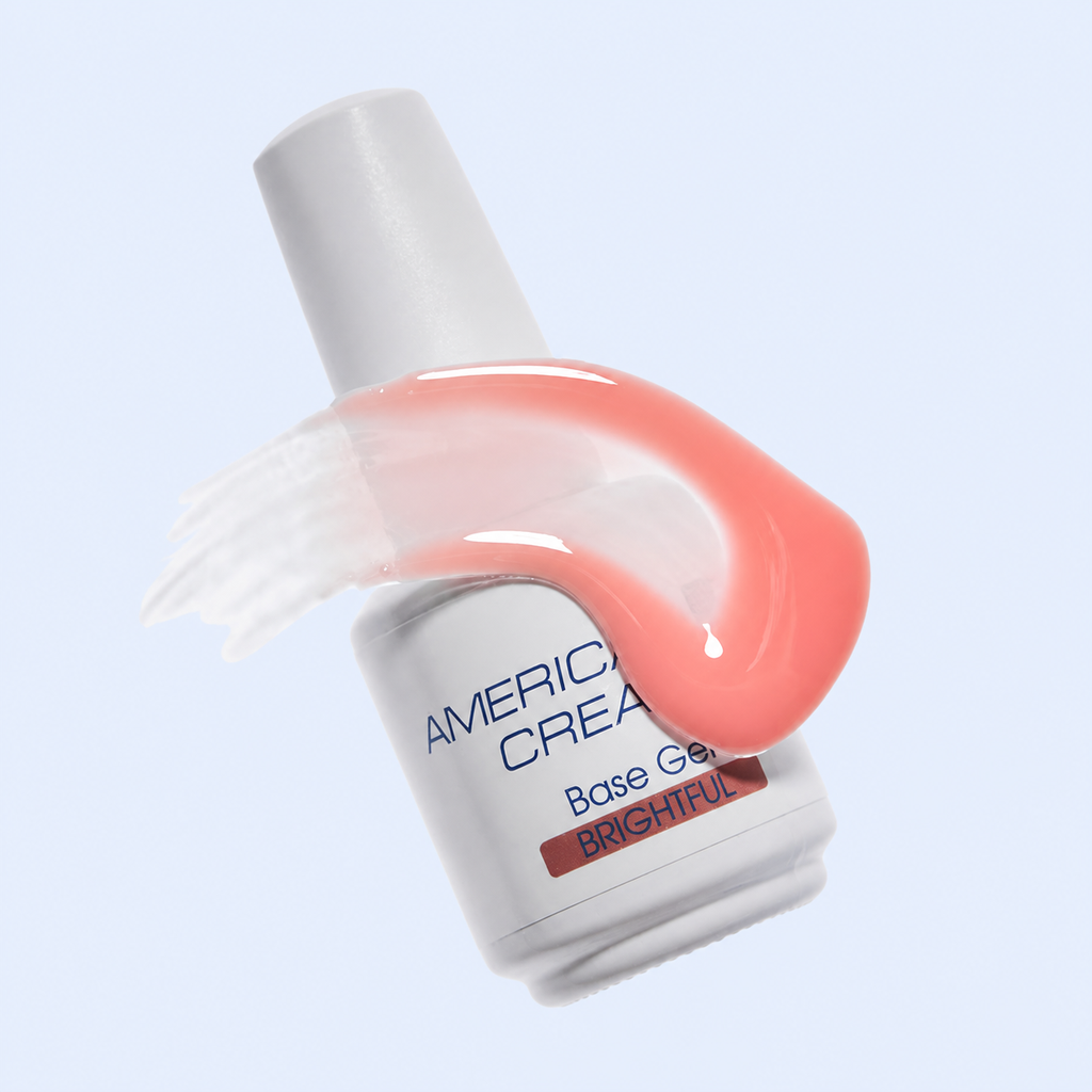 Base Gel Brightful American Creator 15ml textura coral salmao sobre frasco