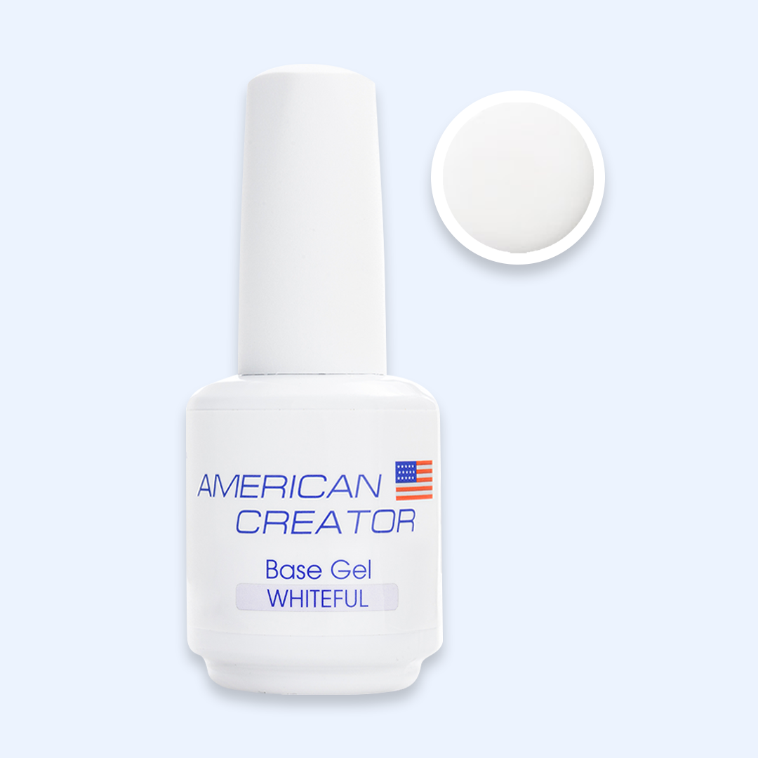 Base Gel Whiteful American Creator 15ml com amostra da cor branco leitoso translucido
