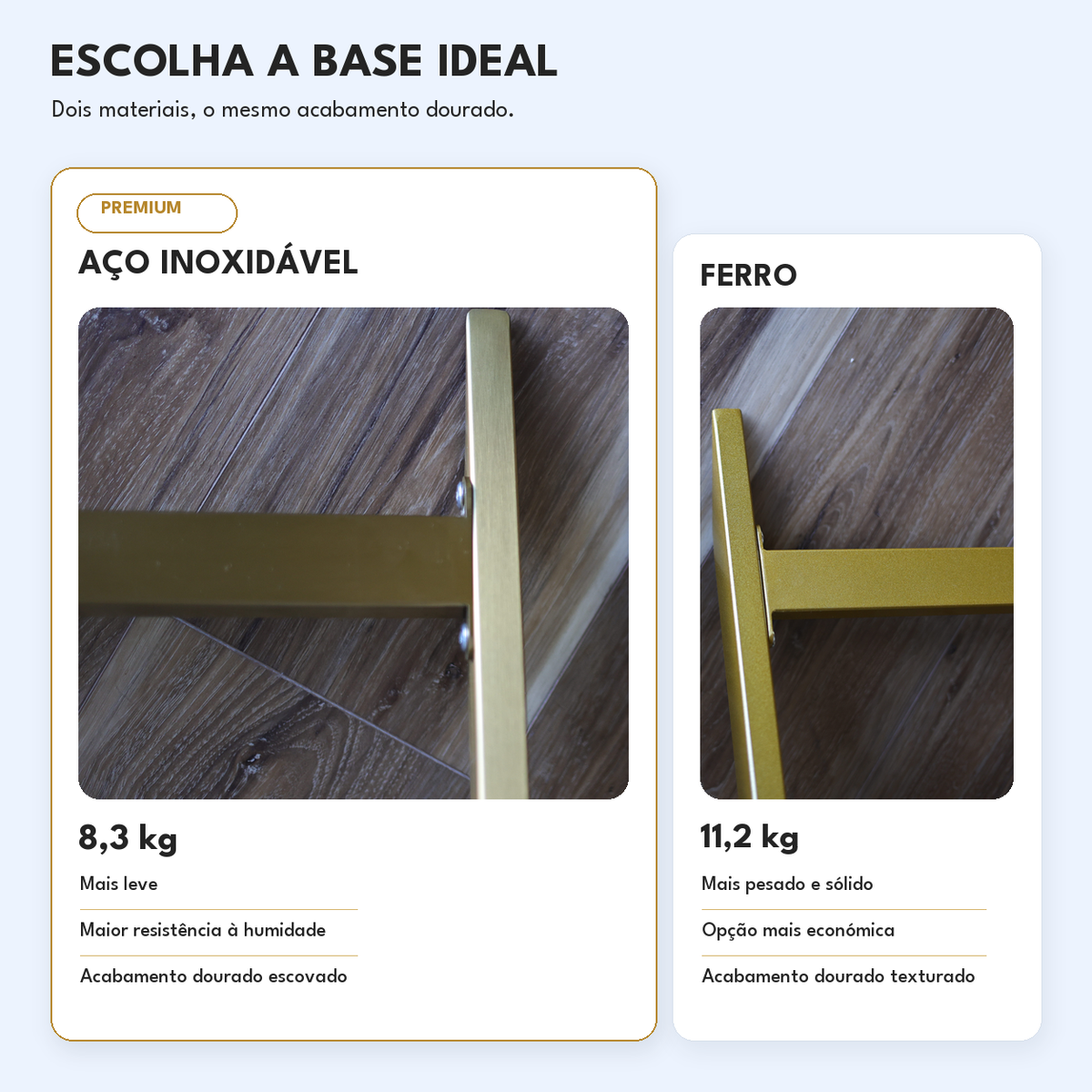 Comparação premium entre base metálica em aço inoxidável e ferro