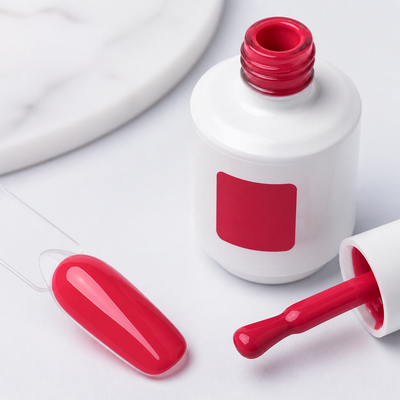 Color Gel Aviso American Creator com frasco pincel e swatch vermelho coral