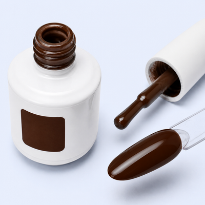 Frasco, aplicador e swatch do Color Gel Coffee American Creator castanho café