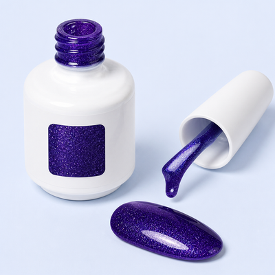 Frasco, aplicador e swatch do Color Gel Collapsar American Creator roxo glitter