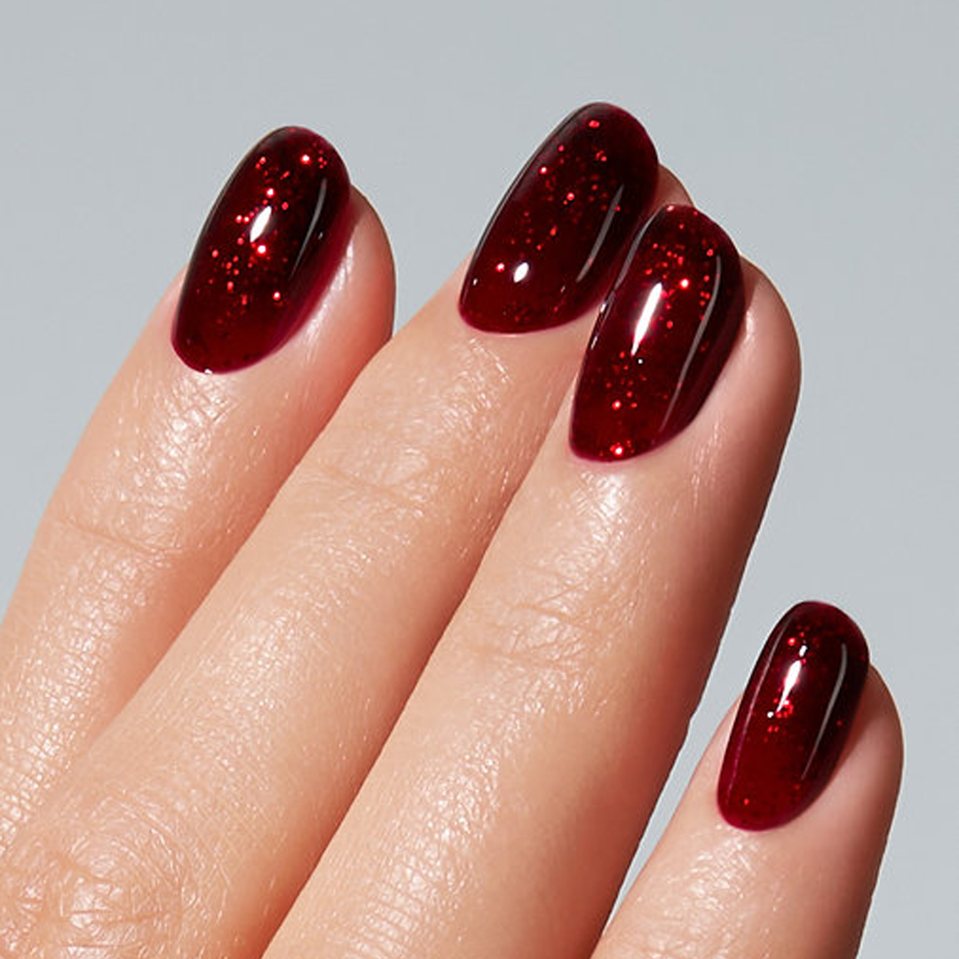 Unhas com Color Gel Donna American Creator vermelho glitter brilhante