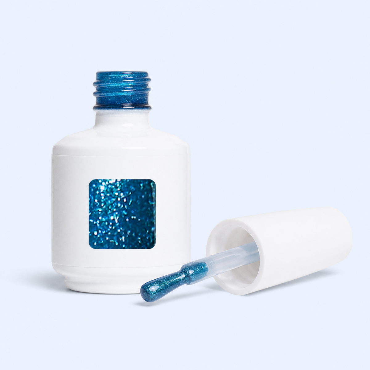 Frasco aberto e aplicador do Color Gel Sphere American Creator azul glitter