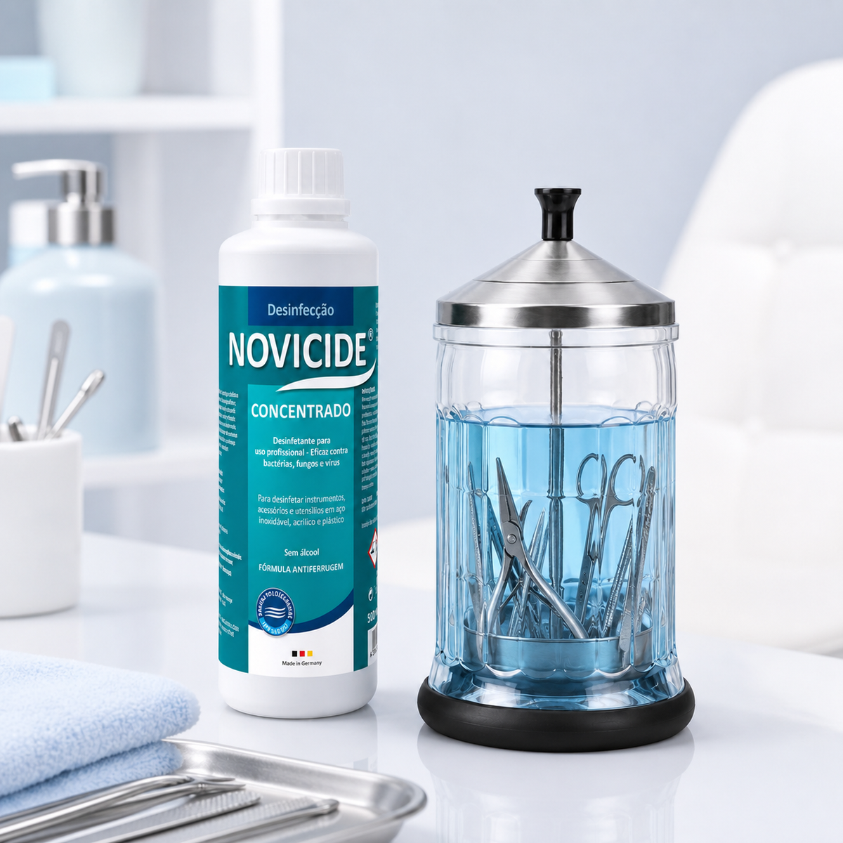 Concentrado Novicide 500ml com jarro de desinfecao FBeauty e instrumentos