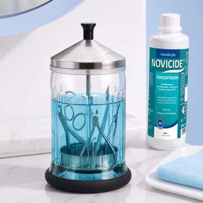 Jarro de desinfecao FBeauty com solucao Novicide e instrumentos