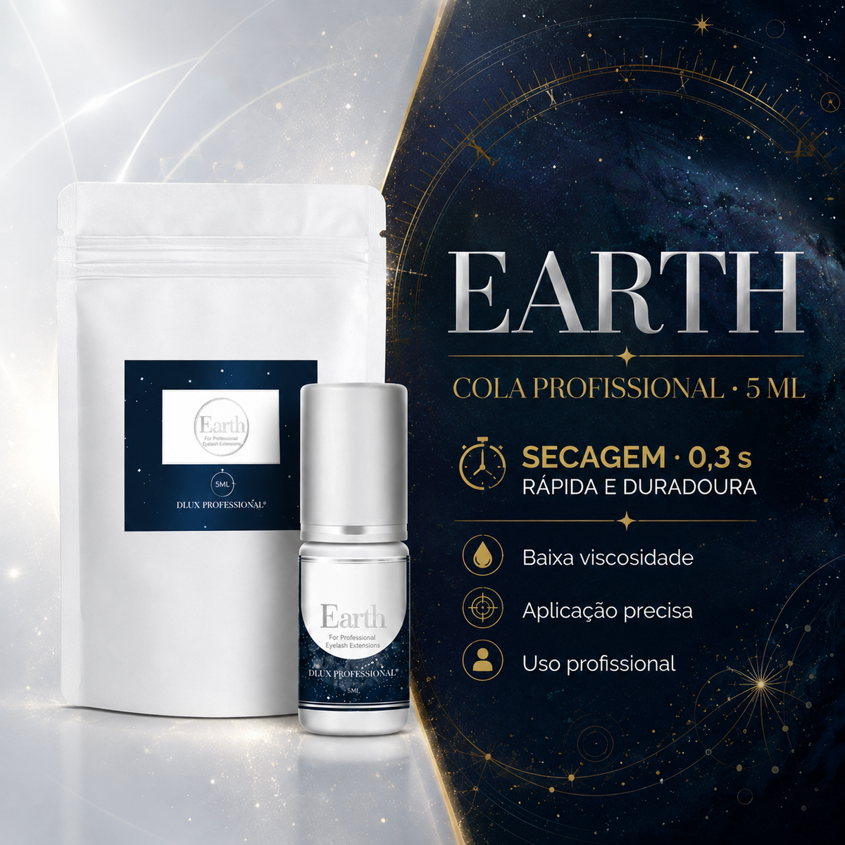 Cola Dlux Earth de 5 ml com características apresentadas em português