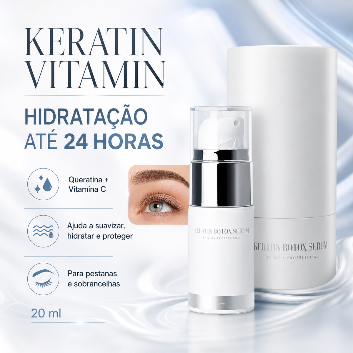 Dlux Keratin Vitamin 20 ml com benefícios apresentados em português