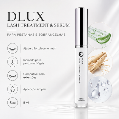 Dlux Lash Treatment Serum com benefícios apresentados em português