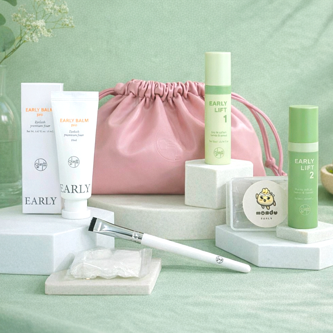 Conteúdo completo do Early Kit Korean Lash Lift com bolsa e acessórios