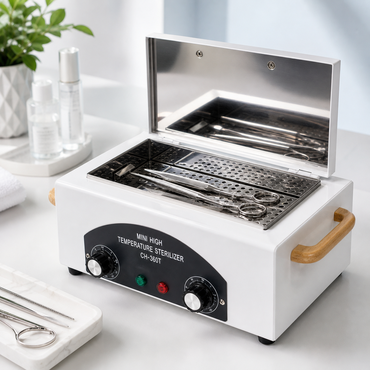 Esterilizador de calor seco aberto com instrumentos profissionais
