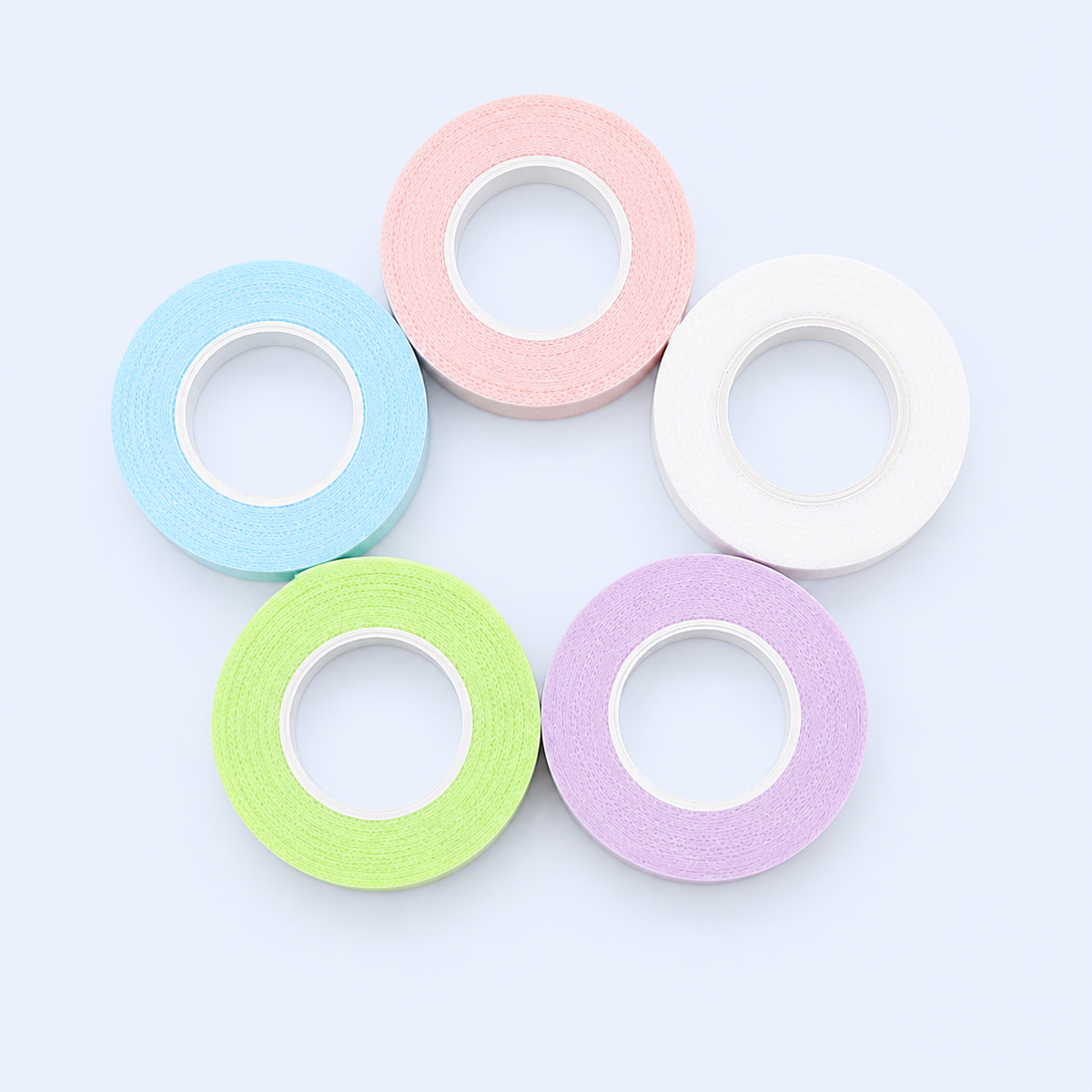 Cores disponíveis da fita adesiva em papel respirável 1,2 cm: rosa, azul, branco, lilás e verde