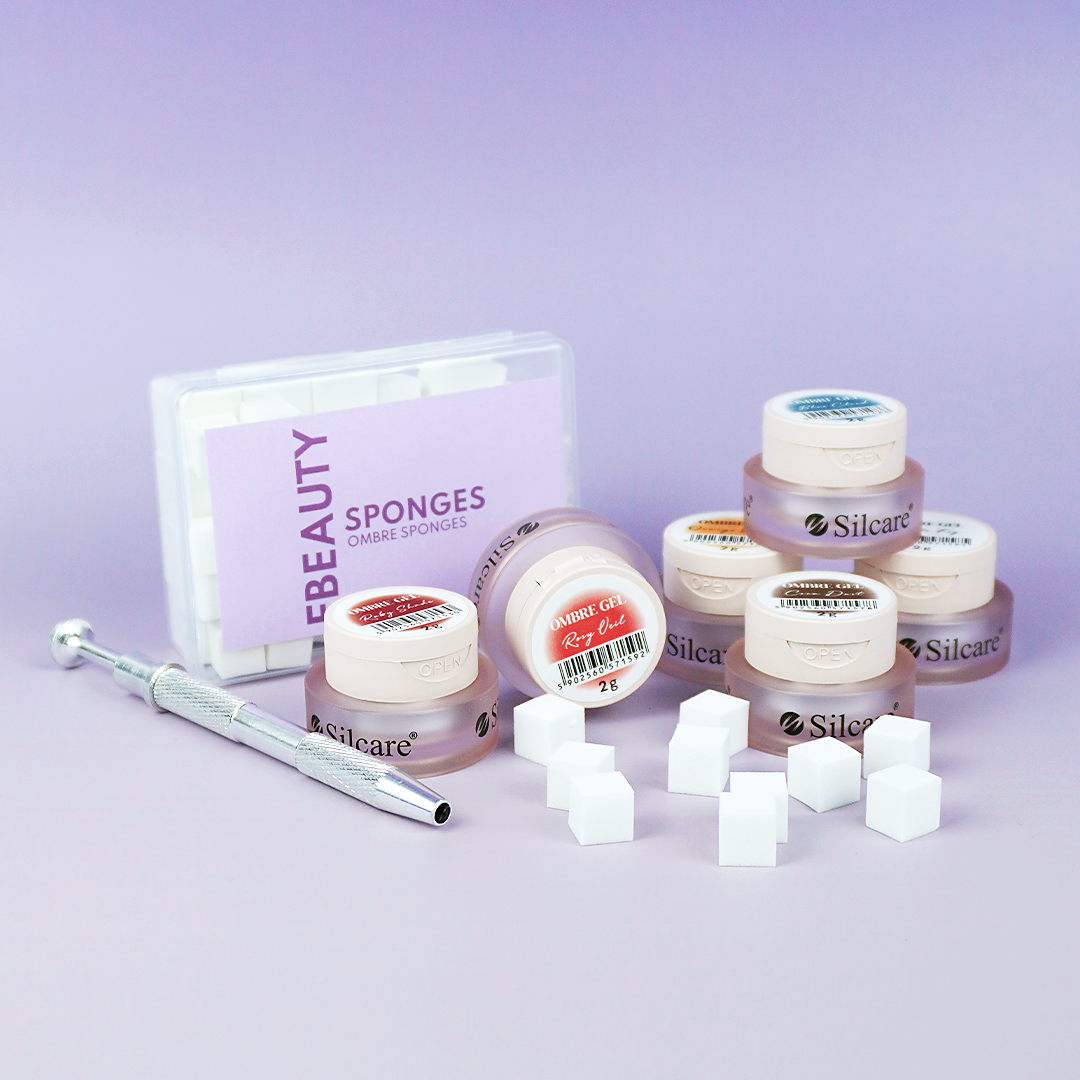 Kit Ombre Gel Rose e Sun Silcare com produtos e esponjas