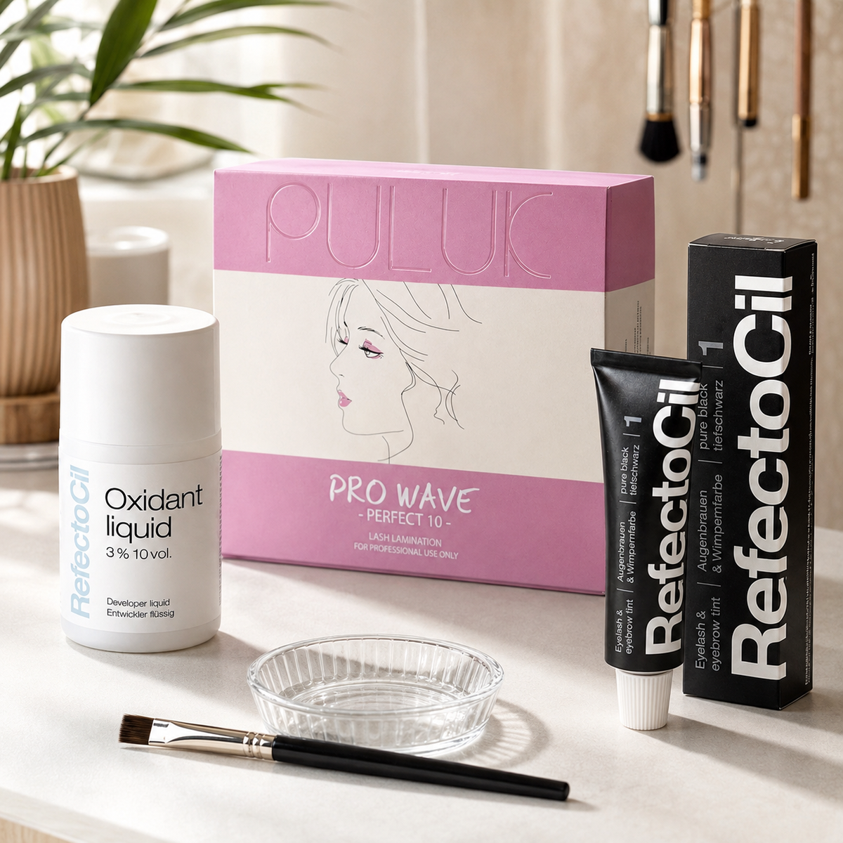 Kit Puluk Pro Wave + Coloração Refectocil — variante com oxidante líquido em preparação; SKU 10224141 / 99124141