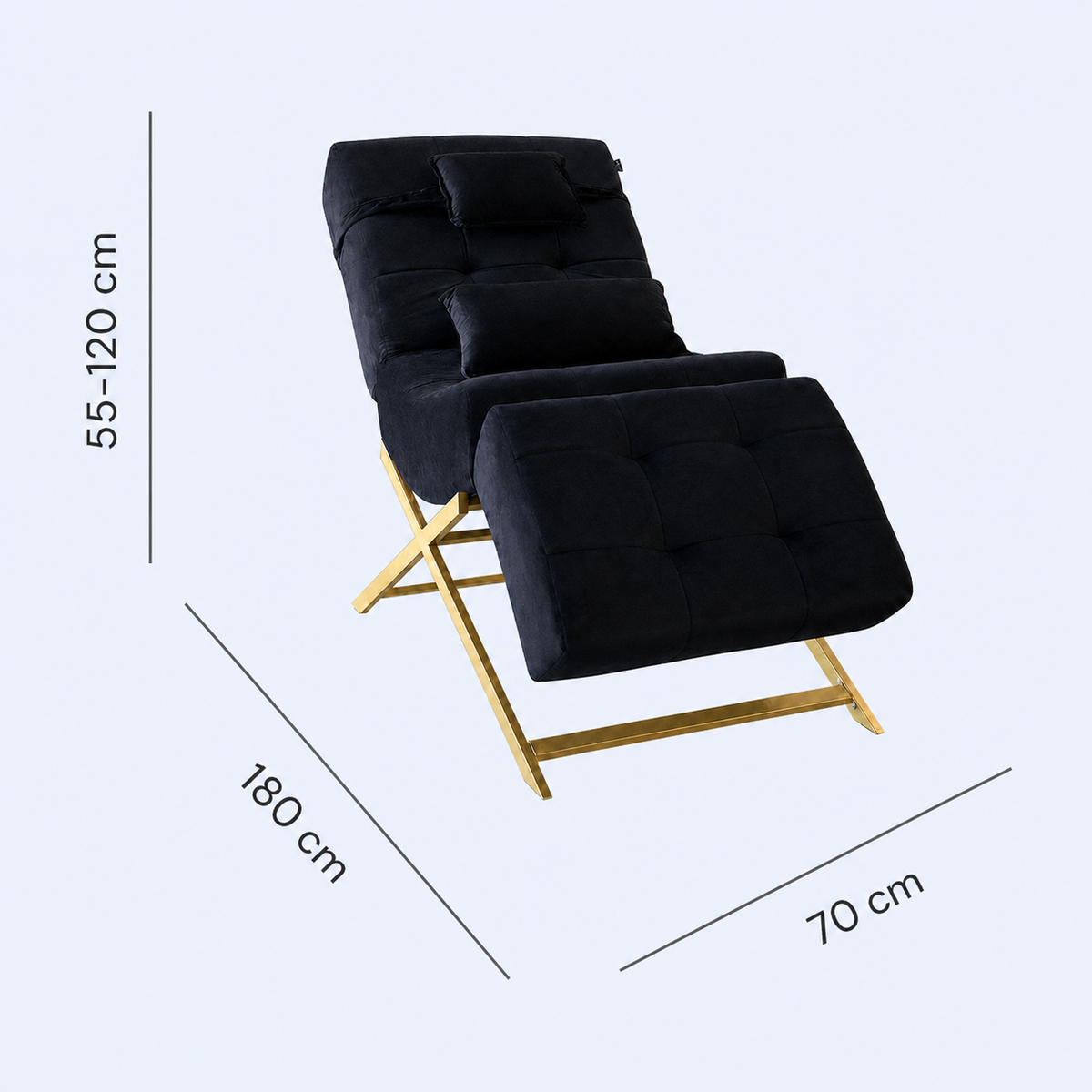 Lash Bed FB Comfy preta com medidas 180 x 70 cm e encosto regulável de 55 a 120 cm